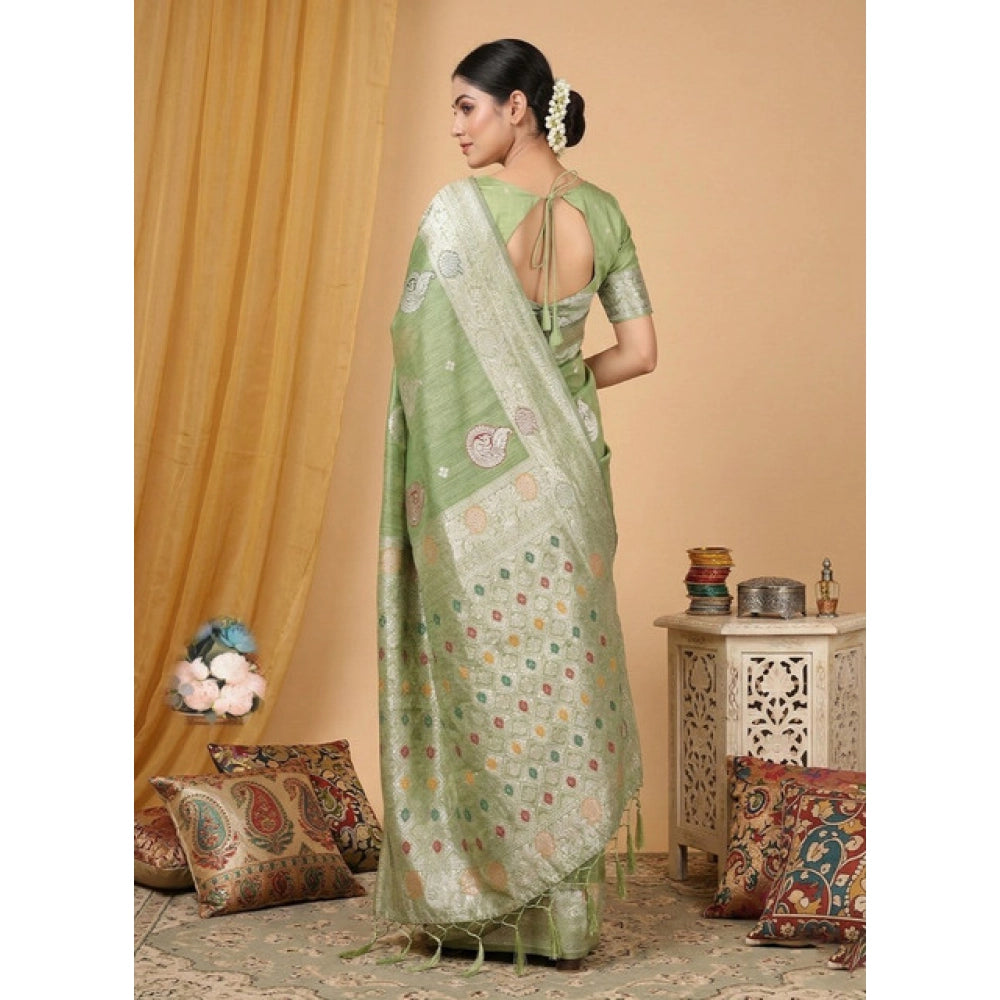 Women's Linen Cotton Printed Saree With Unstitched Blouse 5.5 Mtr (Light Green)