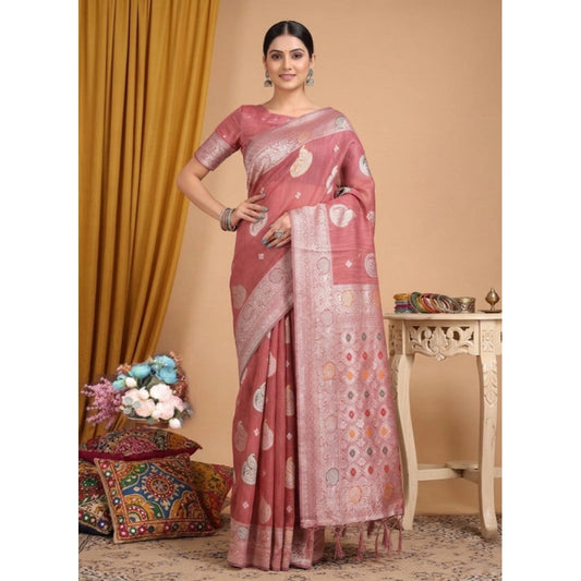 Women's Linen Cotton Printed Saree With Unstitched Blouse 5.5m (Pink)
