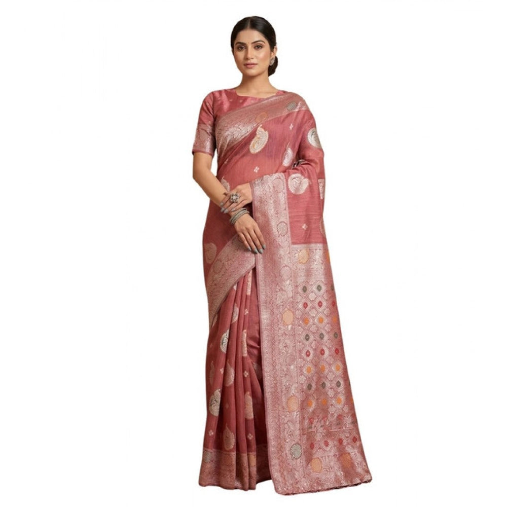 Women's Linen Cotton Printed Saree With Unstitched Blouse 5.5 Mtr (Pink)