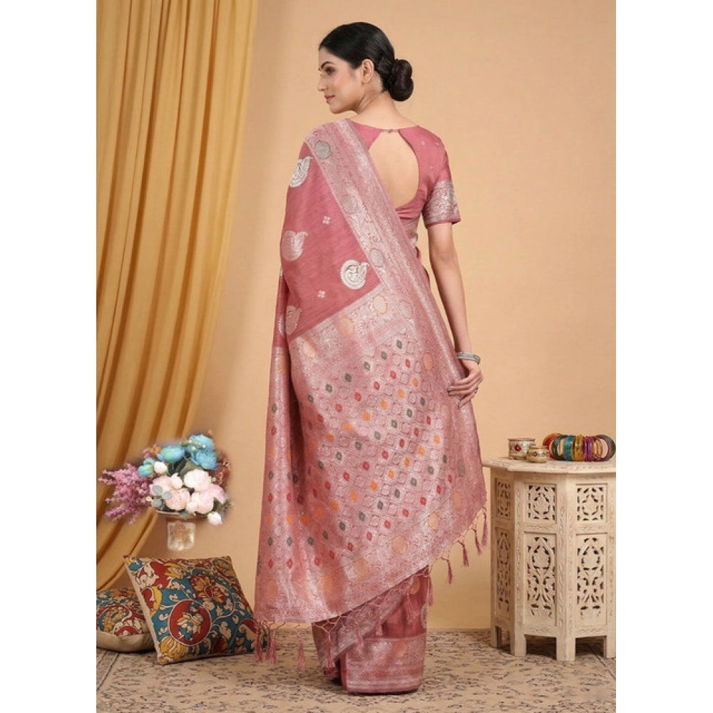 Women's Linen Cotton Printed Saree With Unstitched Blouse 5.5 Mtr (Pink)