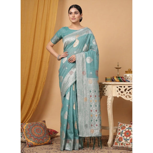 Women's Linen Cotton Printed Saree With Unstitched Blouse 5.5m (Sea Green)