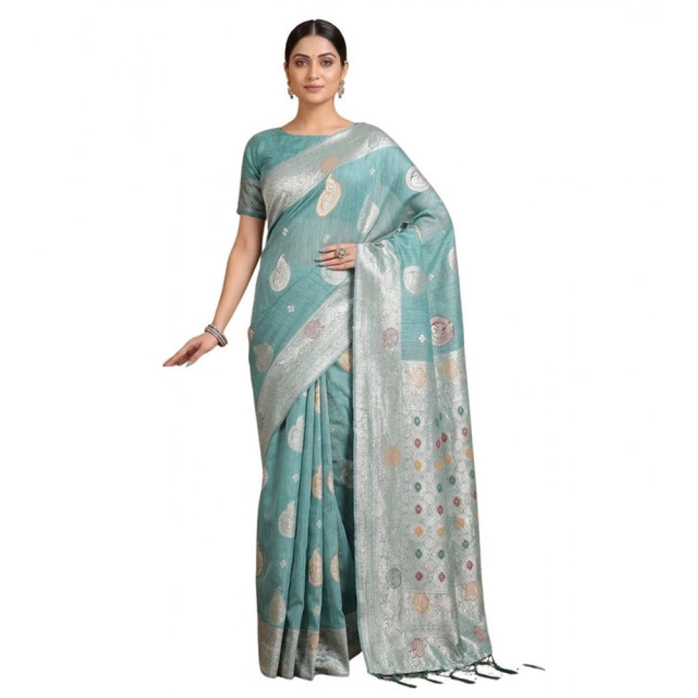 Women's Linen Cotton Printed Saree With Unstitched Blouse 5.5 Mtr (Sea Green)