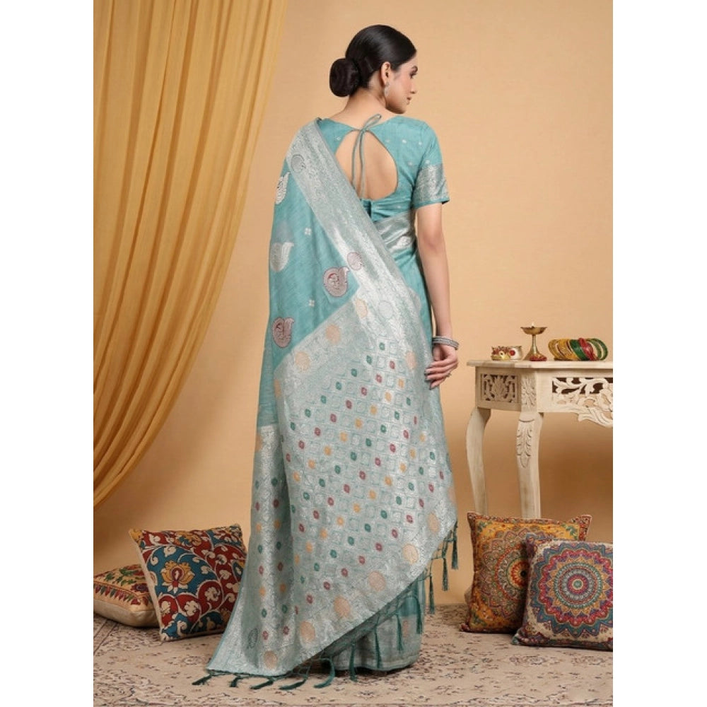 Women's Linen Cotton Printed Saree With Unstitched Blouse 5.5 Mtr (Sea Green)