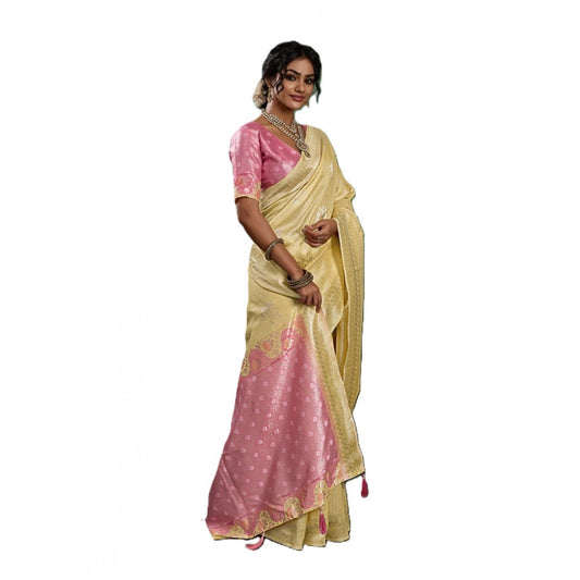 Women's Linen Cotton Printed Saree With Unstitched Blouse 5.5m (Yellow )