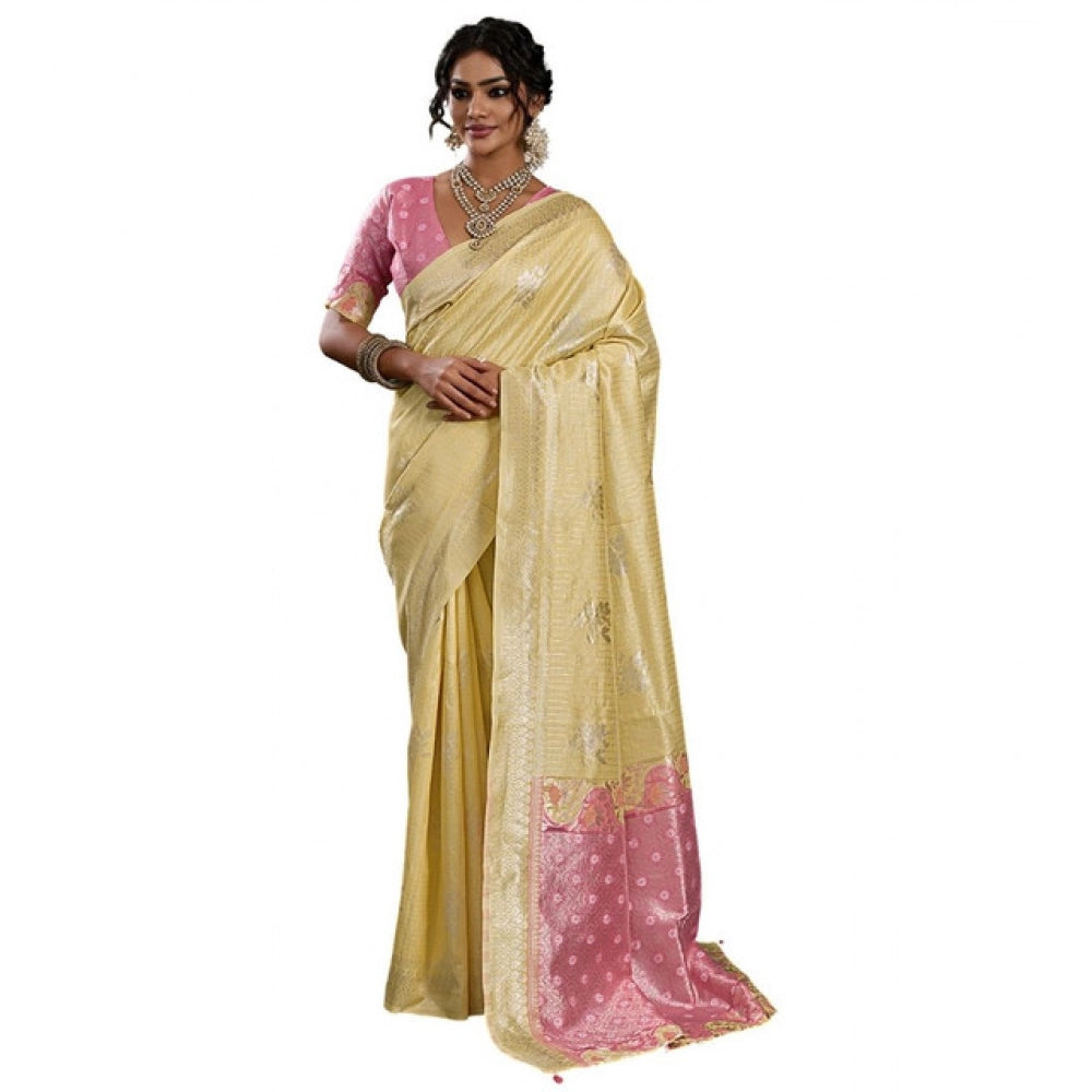 Women's Linen Cotton Printed Saree With Unstitched Blouse 5.5 Mtr (Yellow )