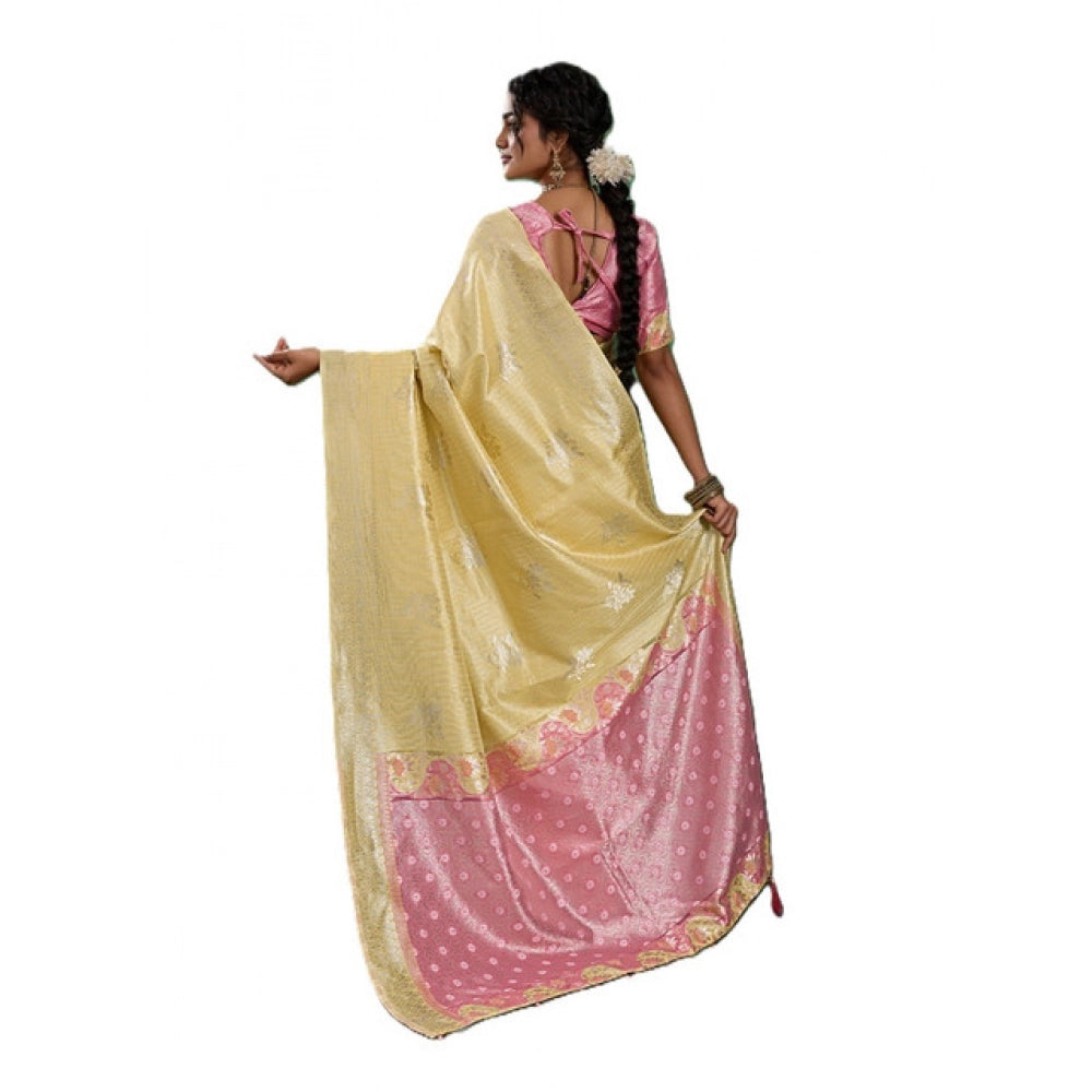 Women's Linen Cotton Printed Saree With Unstitched Blouse 5.5 Mtr (Yellow )
