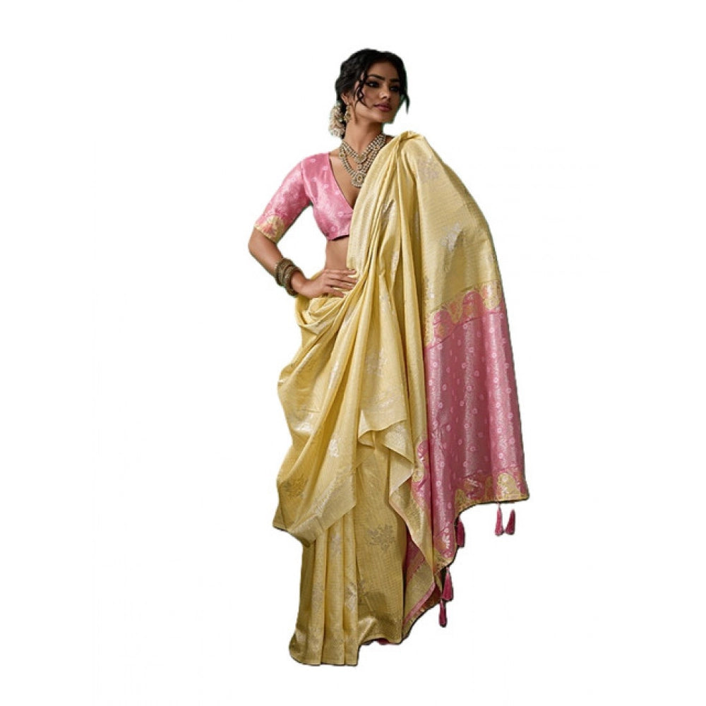 Women's Linen Cotton Printed Saree With Unstitched Blouse 5.5 Mtr (Yellow )