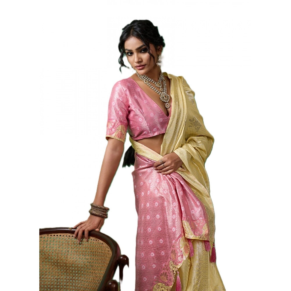 Women's Linen Cotton Printed Saree With Unstitched Blouse 5.5 Mtr (Yellow )