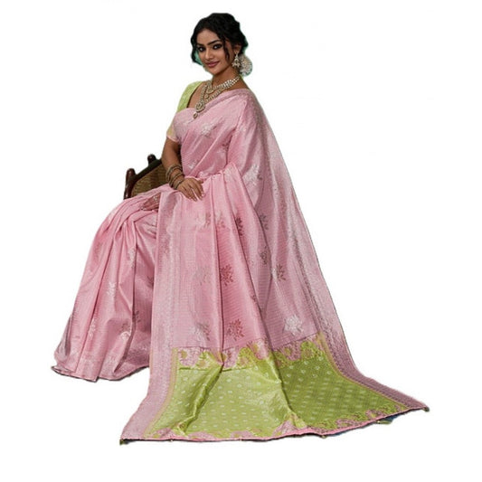Women's Linen Cotton Printed Saree With Unstitched Blouse 5.5m (Pink)
