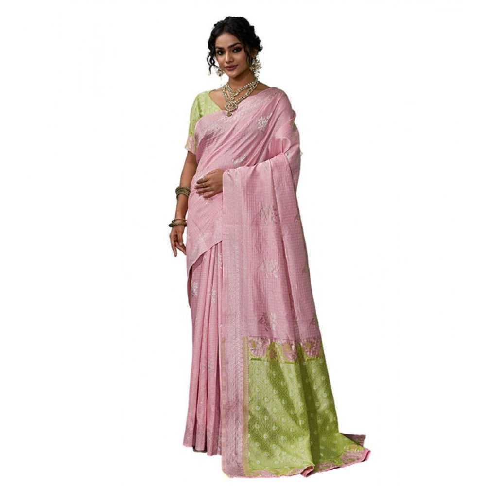 Women's Linen Cotton Printed Saree With Unstitched Blouse 5.5 Mtr (Pink)