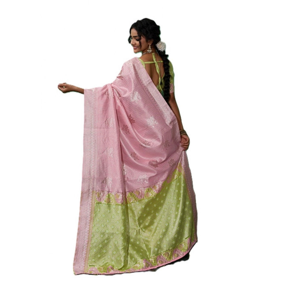Women's Linen Cotton Printed Saree With Unstitched Blouse 5.5 Mtr (Pink)