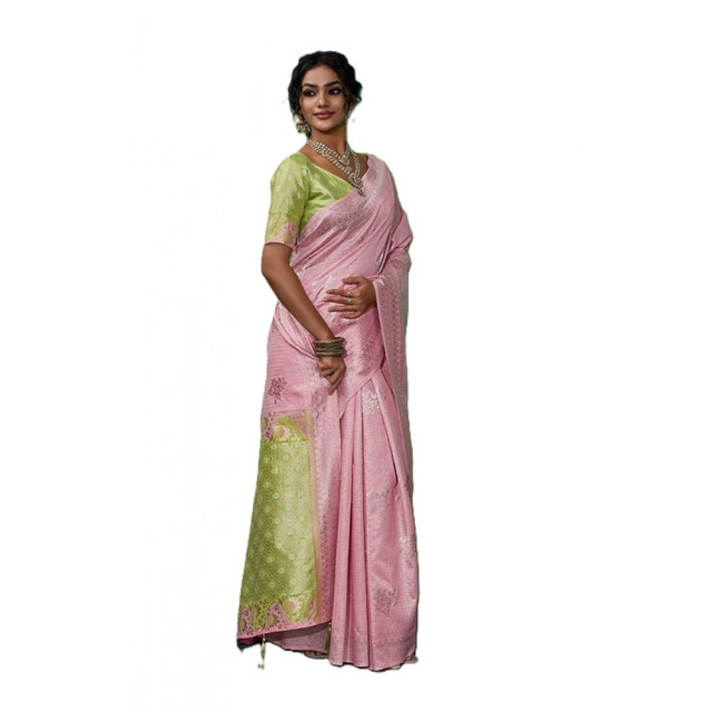 Women's Linen Cotton Printed Saree With Unstitched Blouse 5.5 Mtr (Pink)