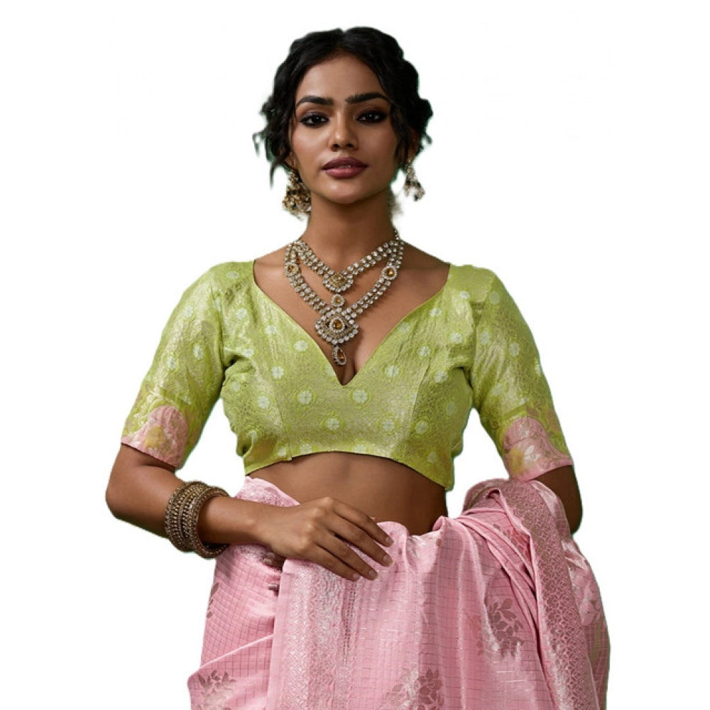 Women's Linen Cotton Printed Saree With Unstitched Blouse 5.5 Mtr (Pink)