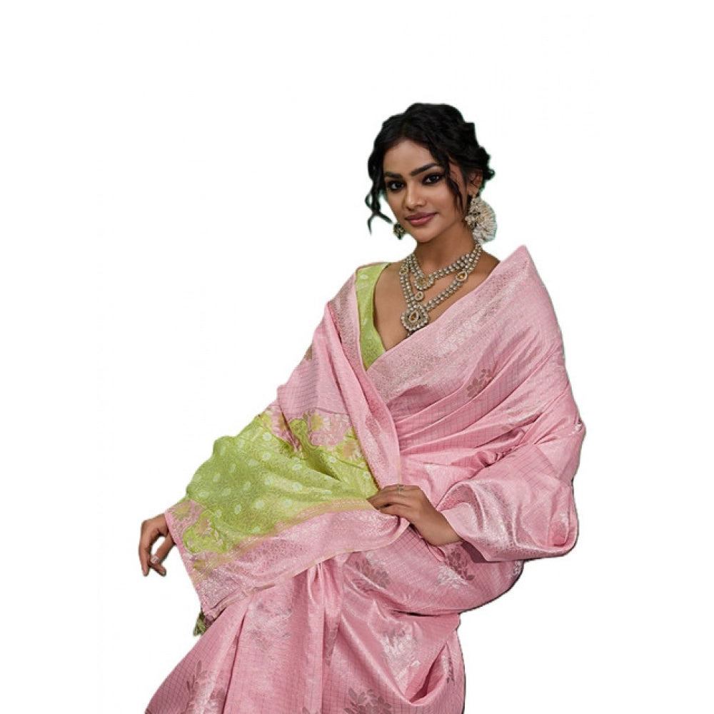 Women's Linen Cotton Printed Saree With Unstitched Blouse 5.5 Mtr (Pink)