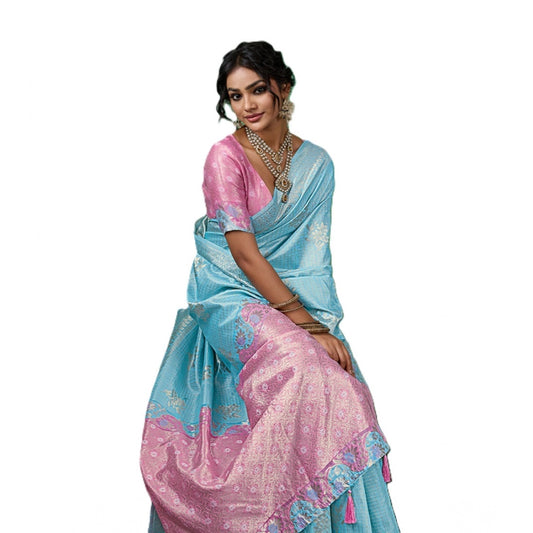Women's Linen Cotton Printed Saree With Unstitched Blouse 5.5m (Sky Blue)