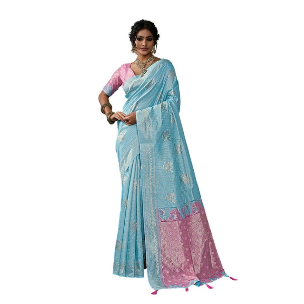 Women's Linen Cotton Printed Saree With Unstitched Blouse 5.5 Mtr (Sky Blue)