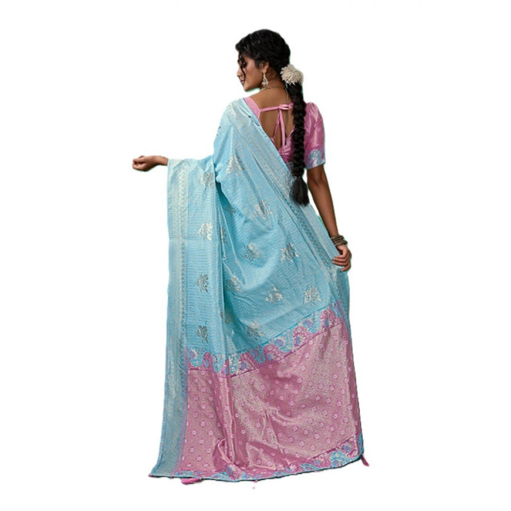 Women's Linen Cotton Printed Saree With Unstitched Blouse 5.5 Mtr (Sky Blue)