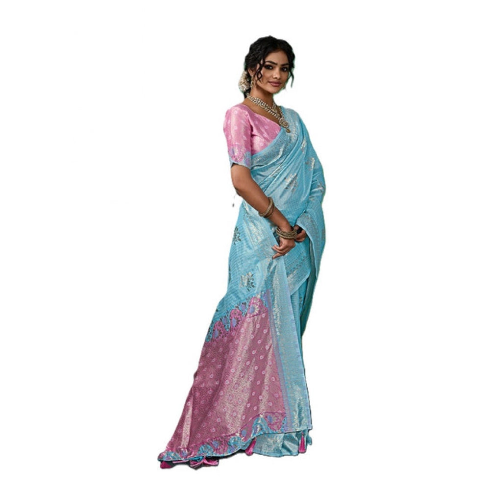 Women's Linen Cotton Printed Saree With Unstitched Blouse 5.5 Mtr (Sky Blue)