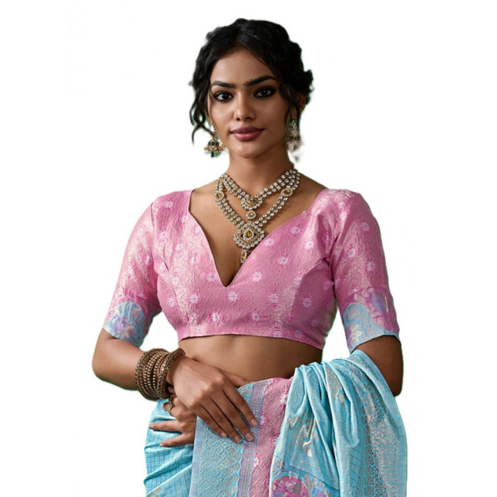 Women's Linen Cotton Printed Saree With Unstitched Blouse 5.5 Mtr (Sky Blue)