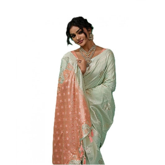 Women's Linen Cotton Printed Saree With Unstitched Blouse 5.5m (Pista Green)