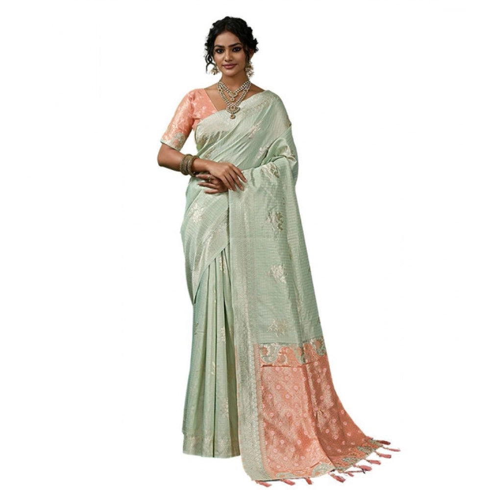 Women's Linen Cotton Printed Saree With Unstitched Blouse 5.5 Mtr (Pista Green)