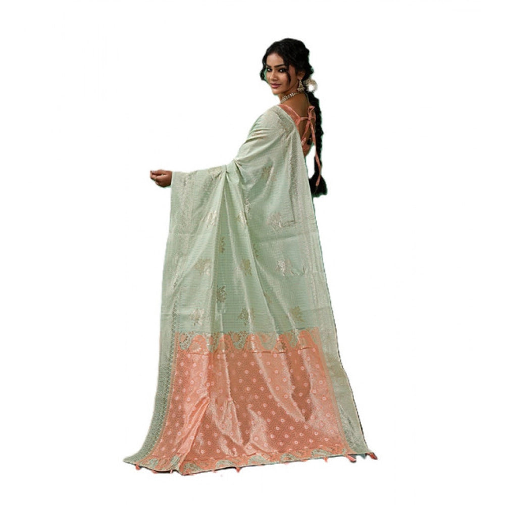 Women's Linen Cotton Printed Saree With Unstitched Blouse 5.5 Mtr (Pista Green)