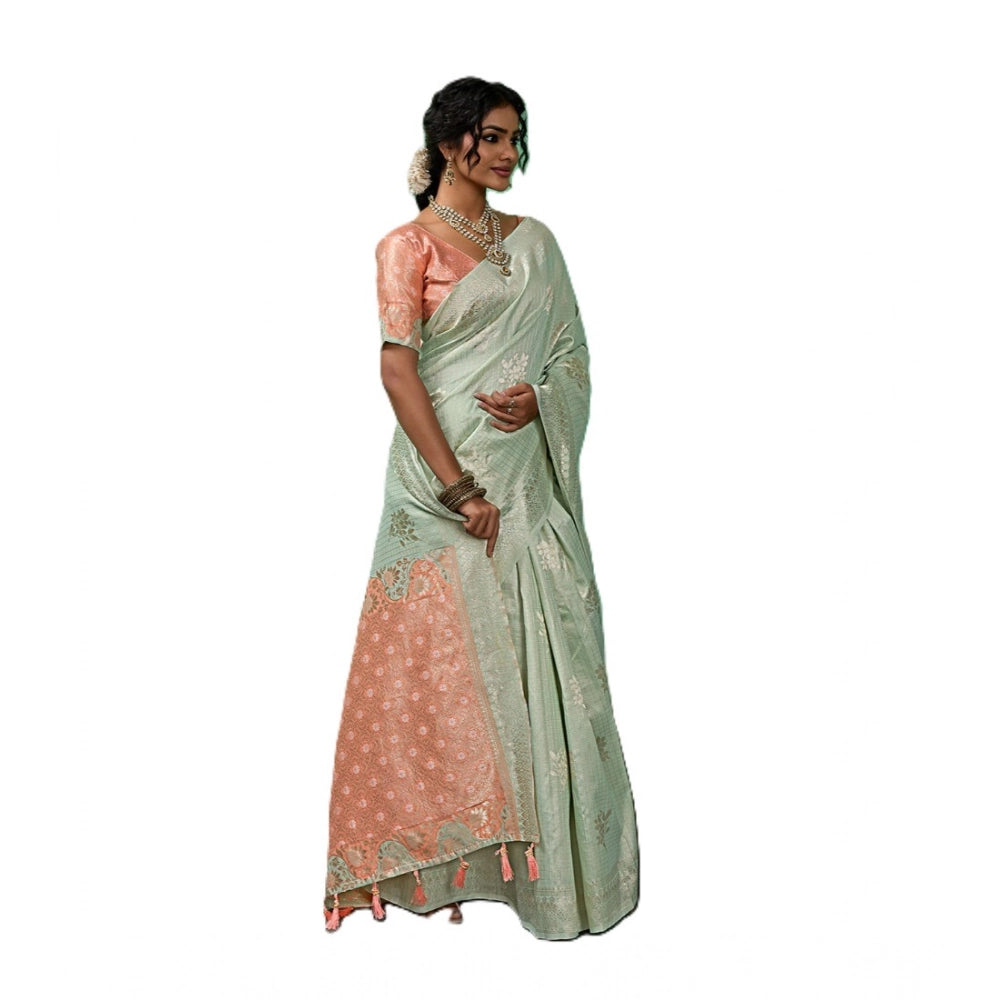 Women's Linen Cotton Printed Saree With Unstitched Blouse 5.5 Mtr (Pista Green)