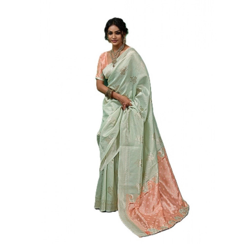 Women's Linen Cotton Printed Saree With Unstitched Blouse 5.5 Mtr (Pista Green)
