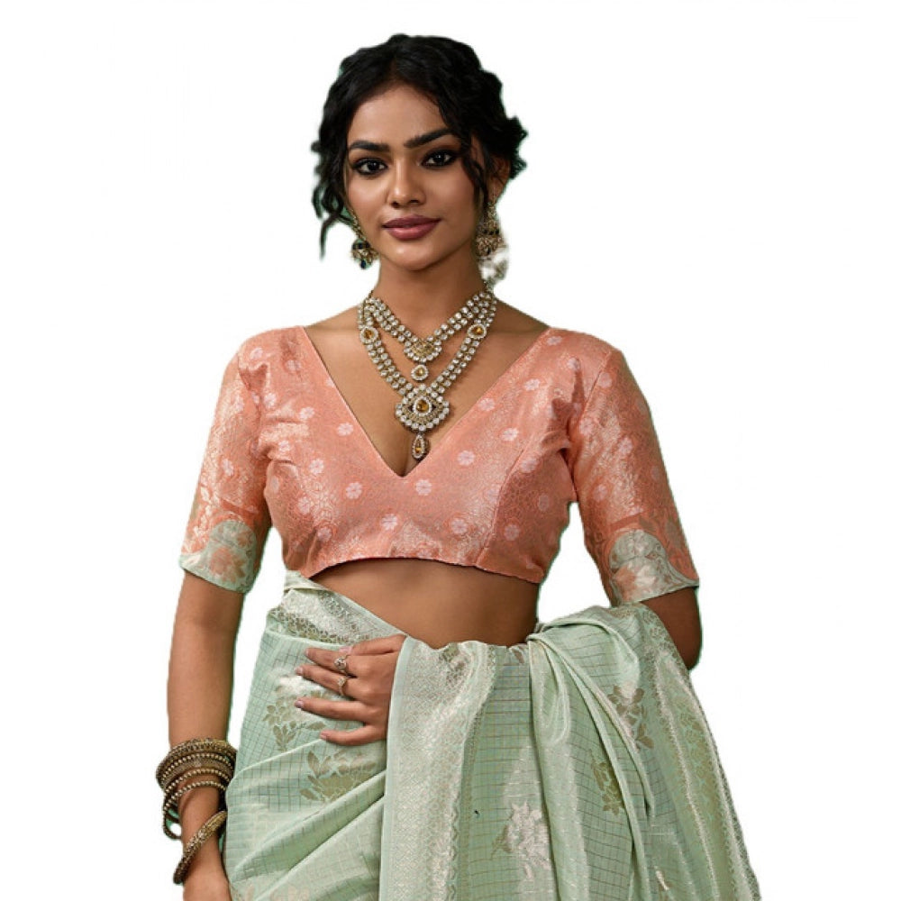 Women's Linen Cotton Printed Saree With Unstitched Blouse 5.5 Mtr (Pista Green)