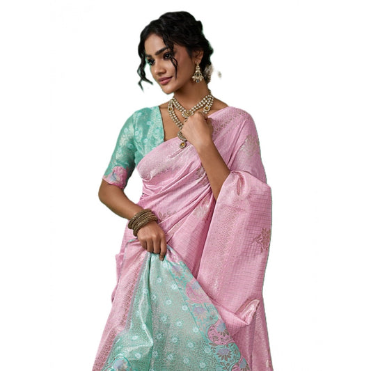 Women's Linen Cotton Printed Saree With Unstitched Blouse 5.5m (Pastel Pink)