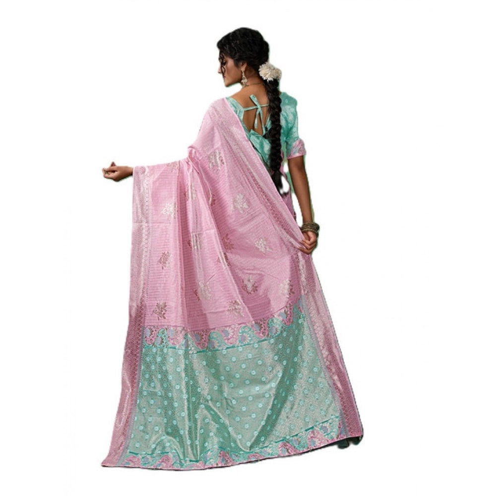Women's Linen Cotton Printed Saree With Unstitched Blouse 5.5 Mtr (Pastel Pink)
