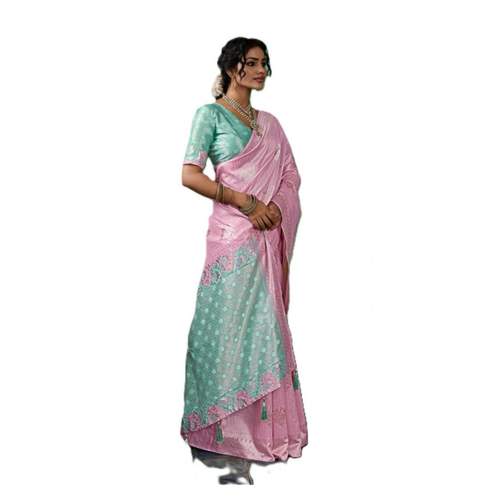 Women's Linen Cotton Printed Saree With Unstitched Blouse 5.5 Mtr (Pastel Pink)