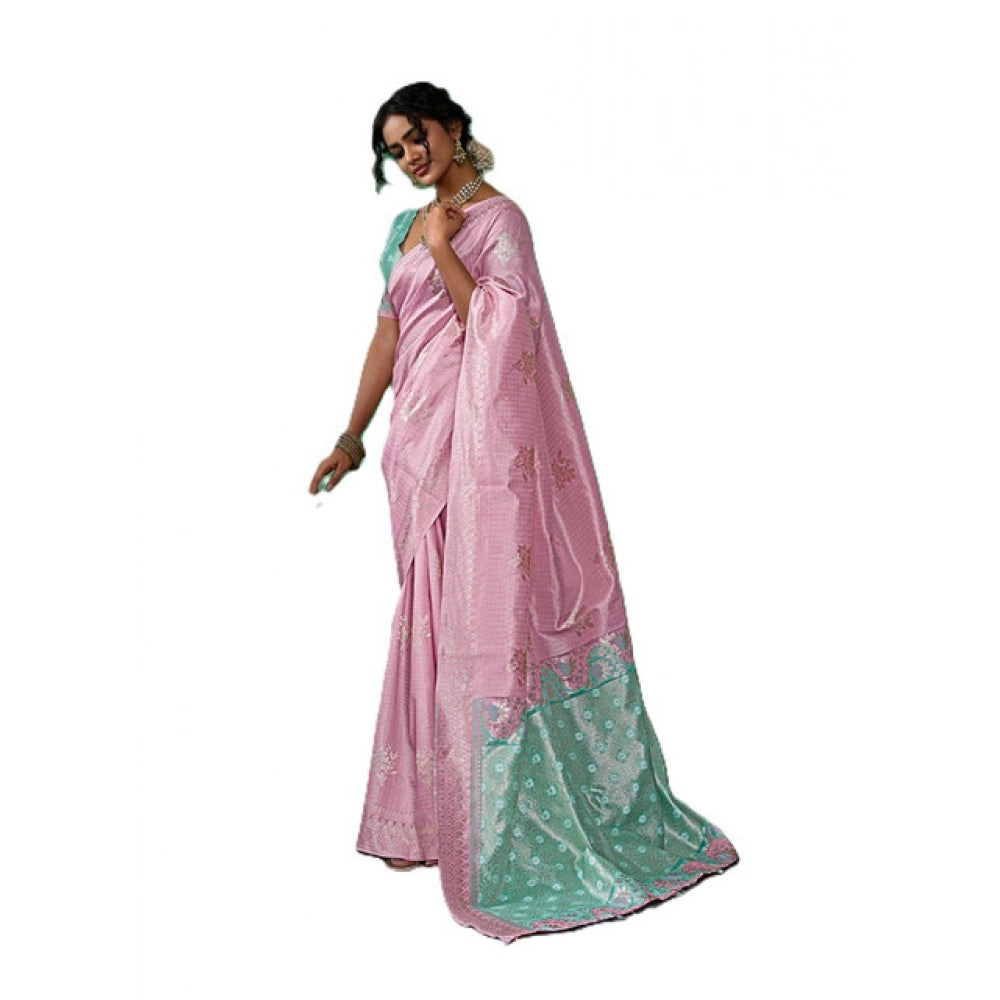 Women's Linen Cotton Printed Saree With Unstitched Blouse 5.5 Mtr (Pastel Pink)