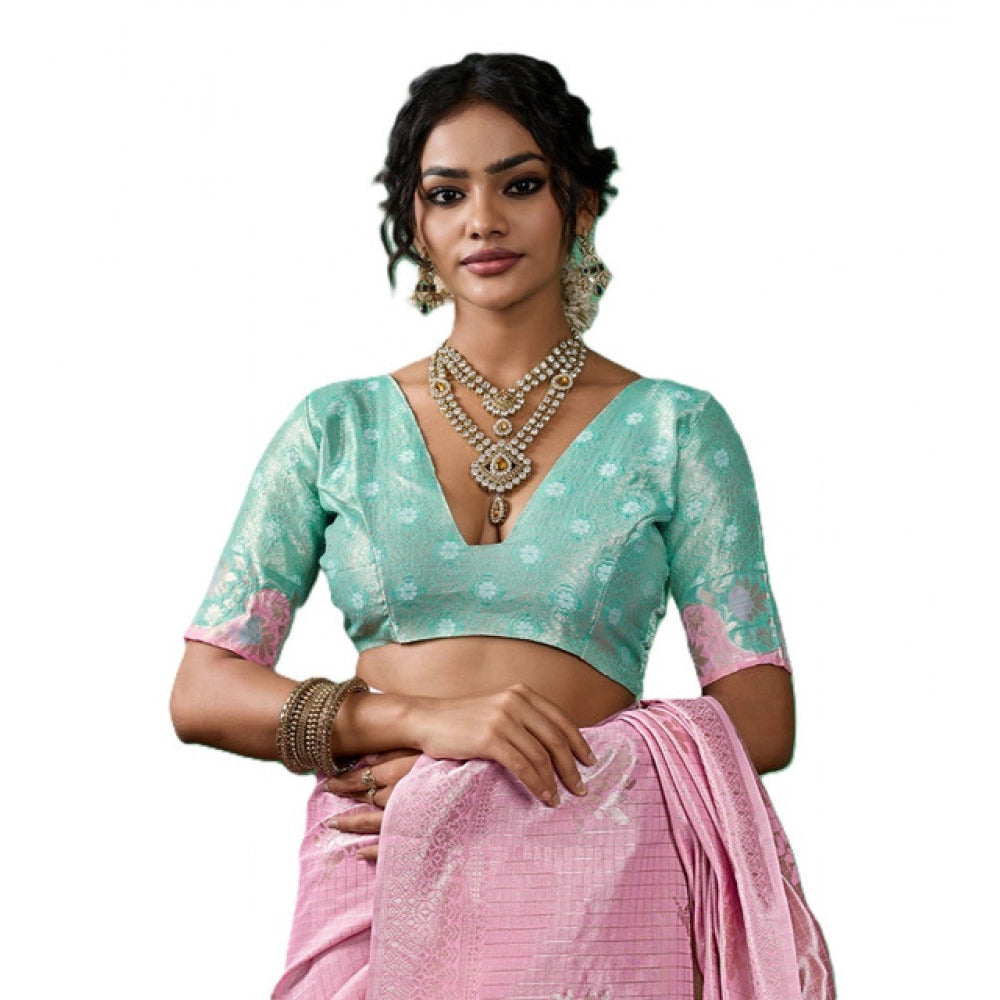 Women's Linen Cotton Printed Saree With Unstitched Blouse 5.5 Mtr (Pastel Pink)