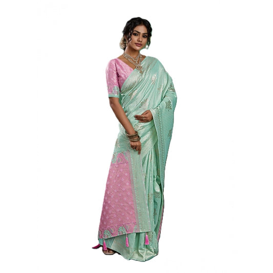 Women's Linen Cotton Printed Saree With Unstitched Blouse 5.5m (Sea Green)
