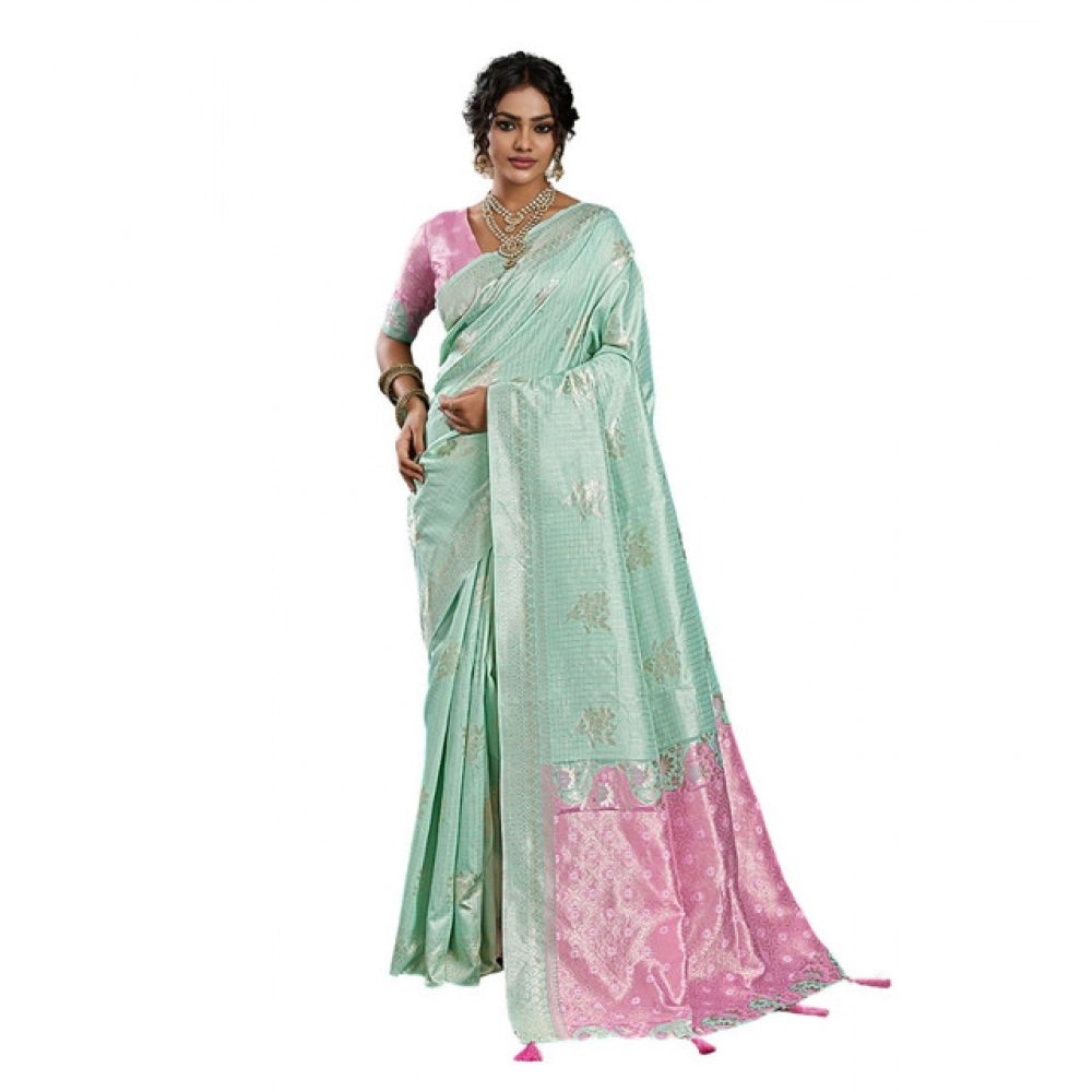 Women's Linen Cotton Printed Saree With Unstitched Blouse 5.5 Mtr (Sea Green)