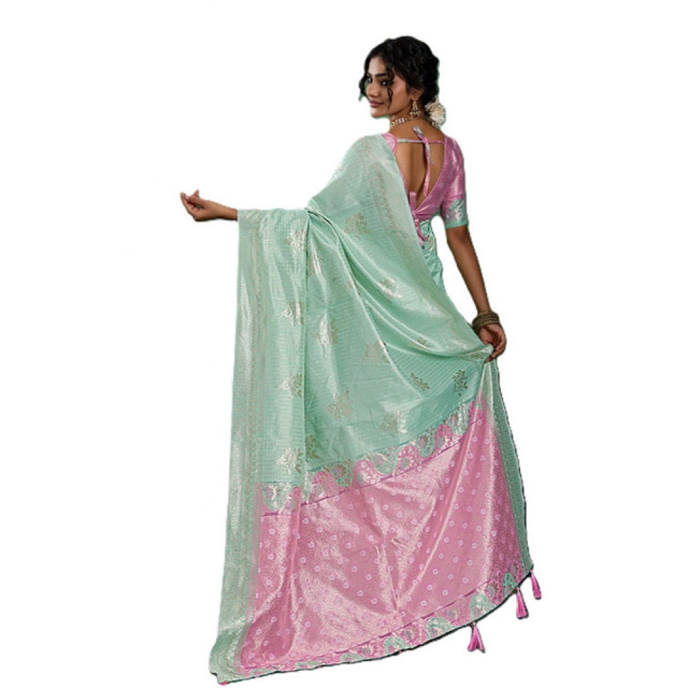 Women's Linen Cotton Printed Saree With Unstitched Blouse 5.5 Mtr (Sea Green)