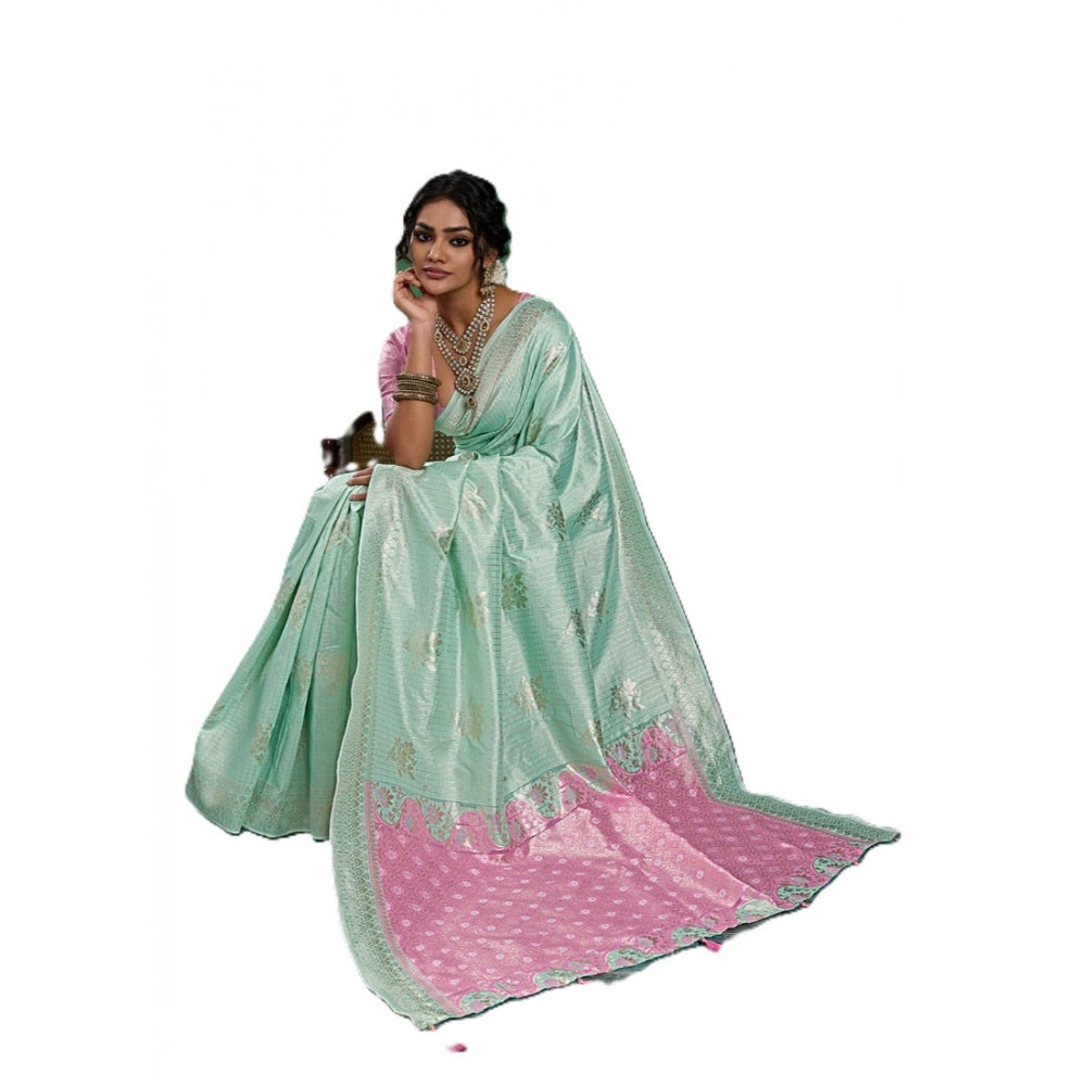 Women's Linen Cotton Printed Saree With Unstitched Blouse 5.5 Mtr (Sea Green)