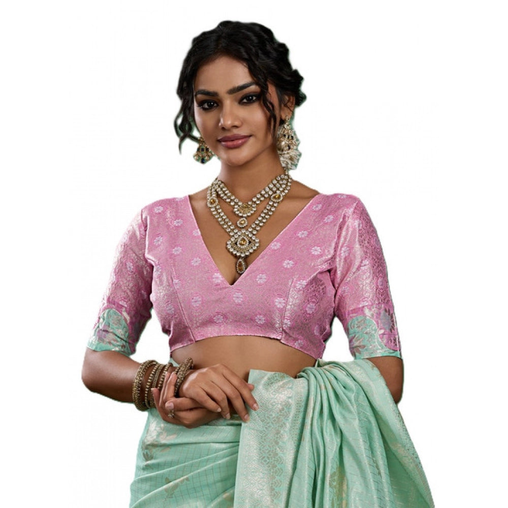 Women's Linen Cotton Printed Saree With Unstitched Blouse 5.5 Mtr (Sea Green)