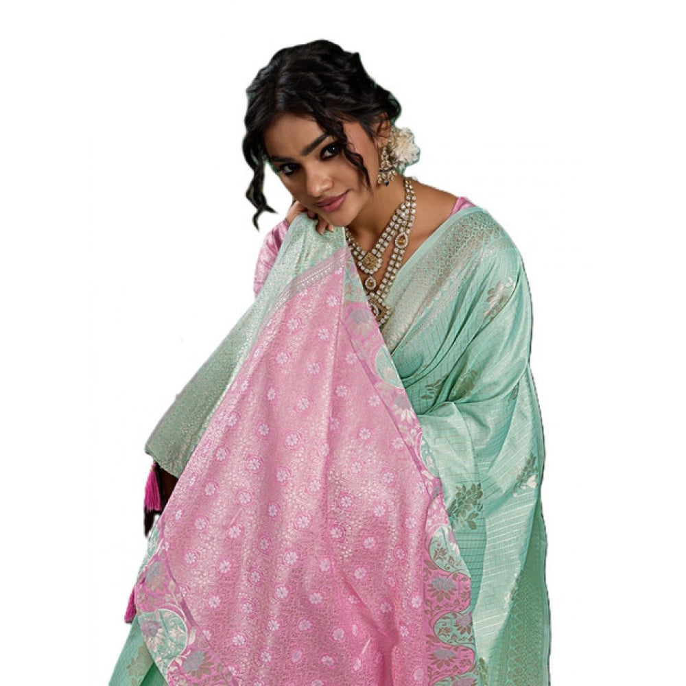 Women's Linen Cotton Printed Saree With Unstitched Blouse 5.5 Mtr (Sea Green)