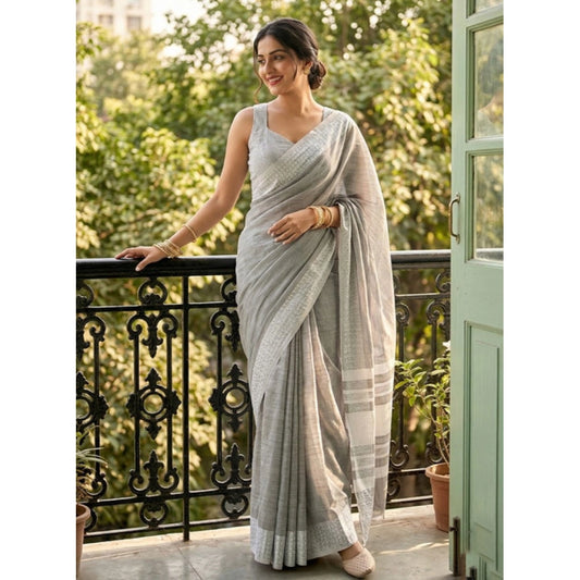 Women's Linen Striped Saree With Unstitched Blouse 5.5m (Gray)