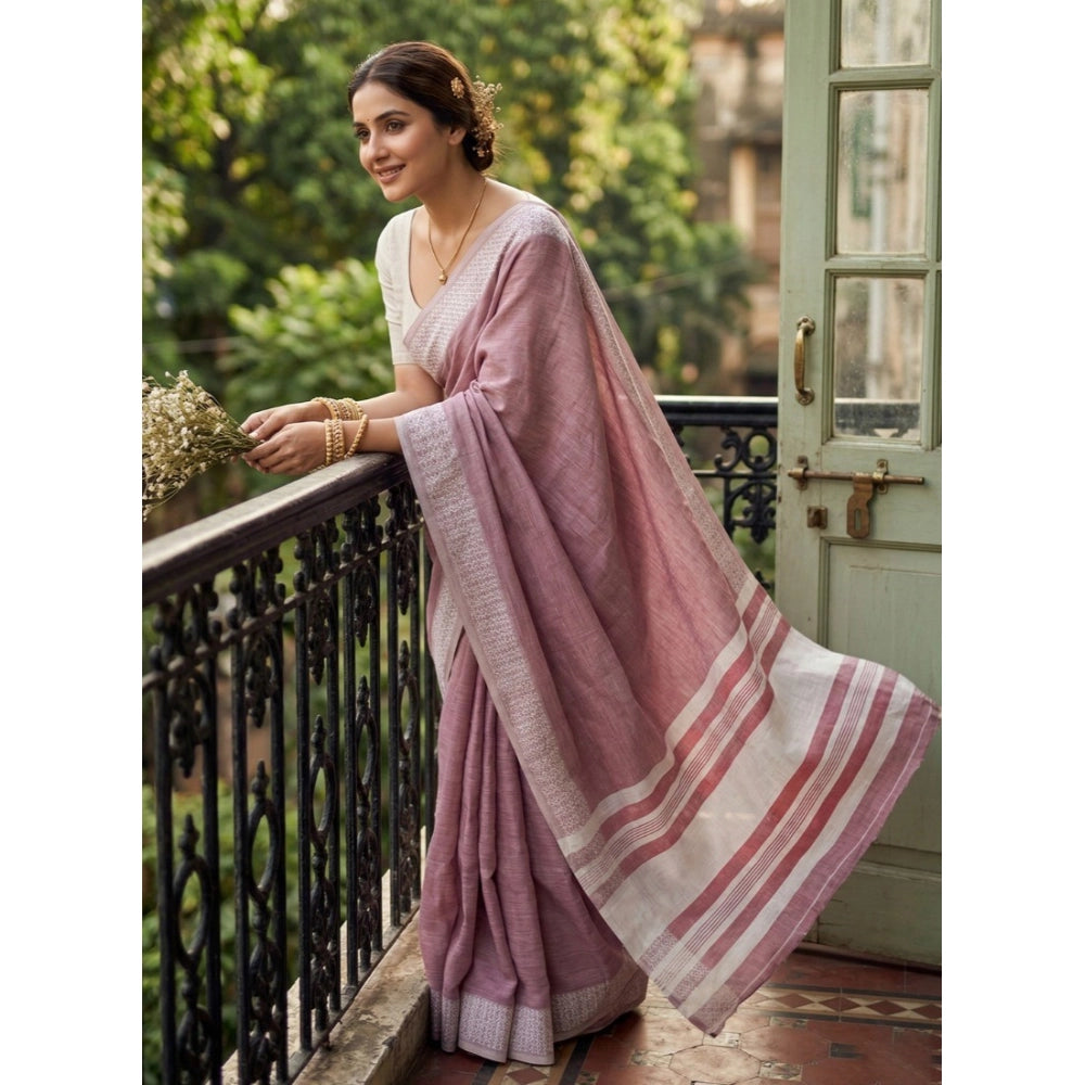 Women's Linen Striped Saree With Unstitched Blouse 5.5 Mtr (Magenta)