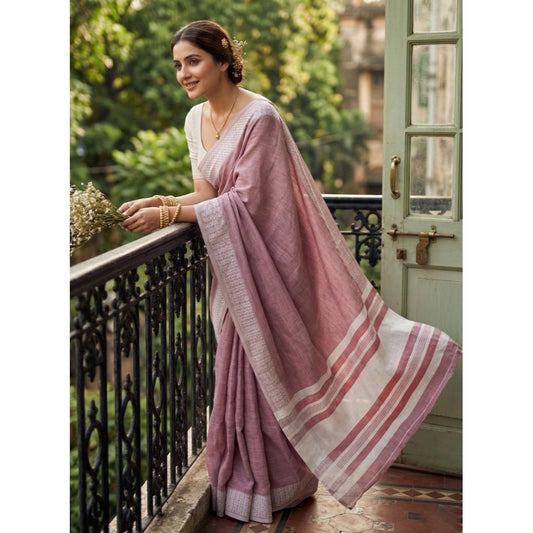 Women's Linen Striped Saree With Unstitched Blouse 5.5m (Magenta)