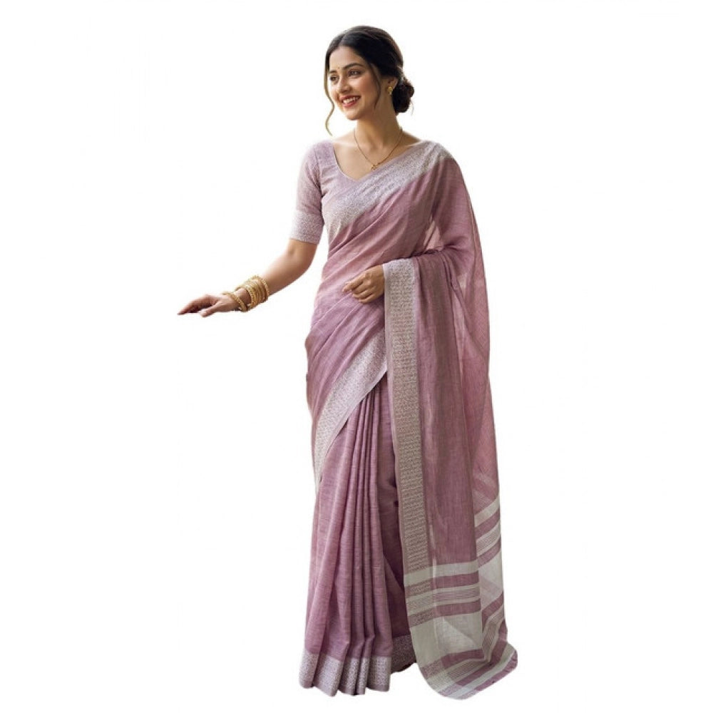 Women's Linen Striped Saree With Unstitched Blouse 5.5 Mtr (Magenta)