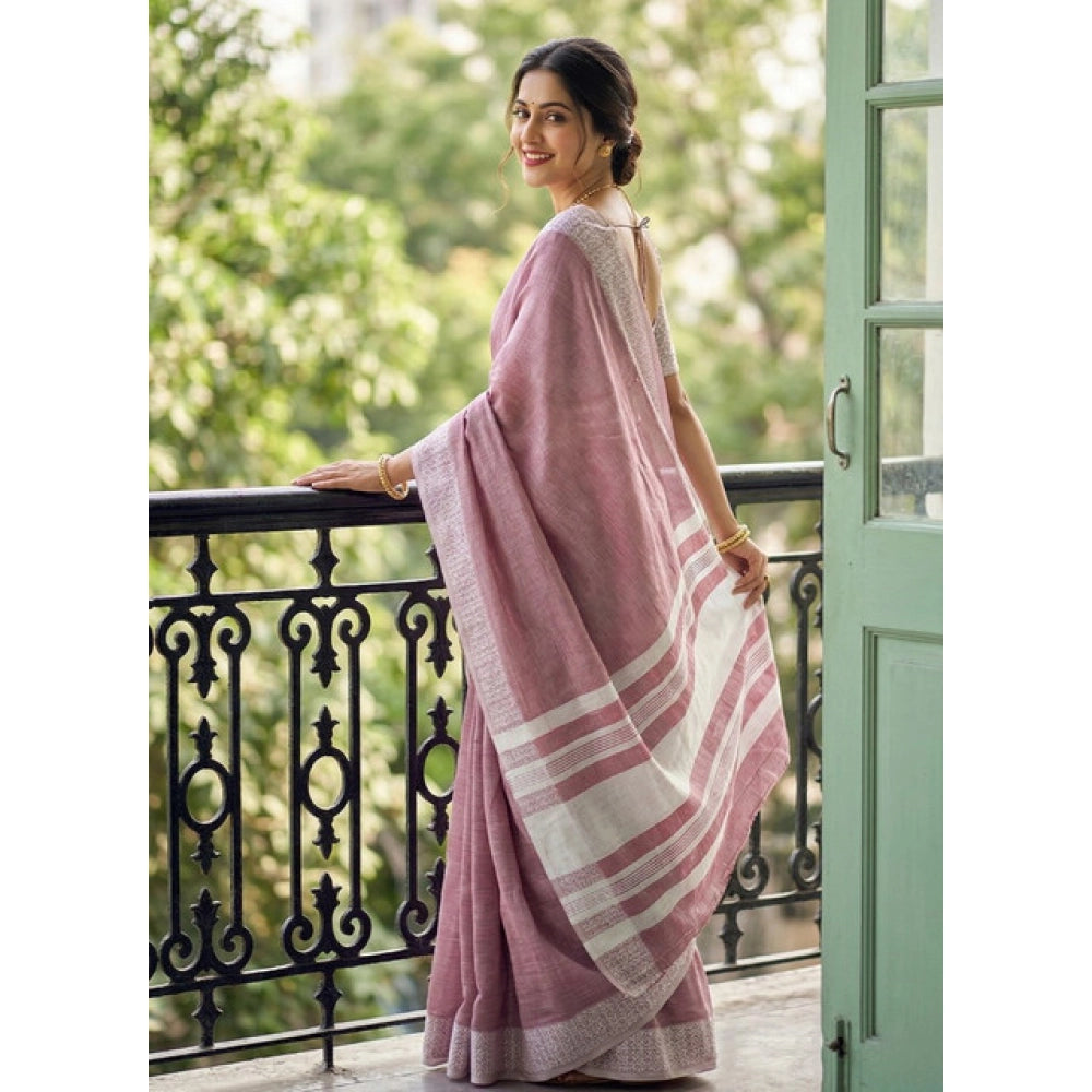 Women's Linen Striped Saree With Unstitched Blouse 5.5 Mtr (Magenta)