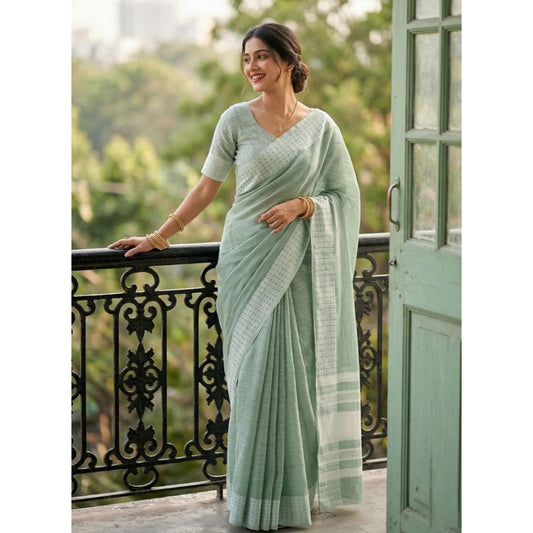 Women's Linen Striped Saree With Unstitched Blouse 5.5m (Sea Green)