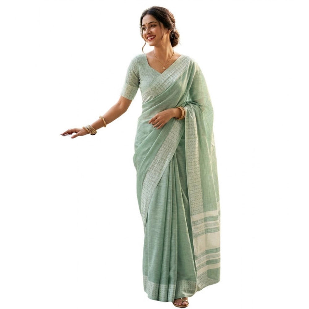 Women's Linen Striped Saree With Unstitched Blouse 5.5 Mtr (Sea Green)