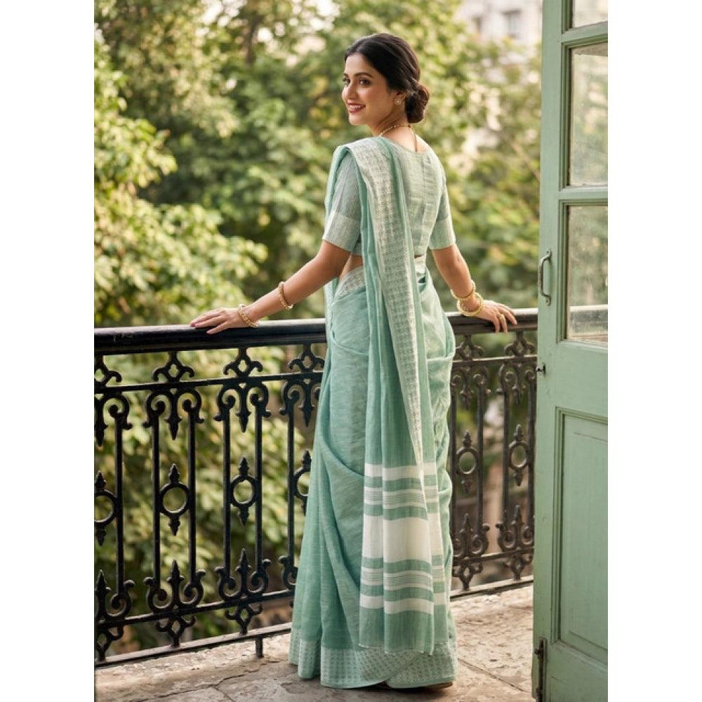 Women's Linen Striped Saree With Unstitched Blouse 5.5 Mtr (Sea Green)