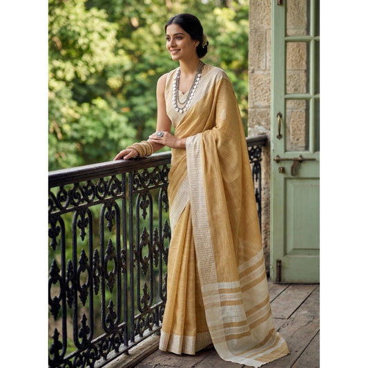 Women's Linen Striped Saree With Unstitched Blouse 5.5m (Mustard Yellow)