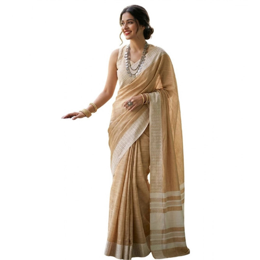 Women's Linen Striped Saree With Unstitched Blouse 5.5 Mtr (Mustard Yellow)